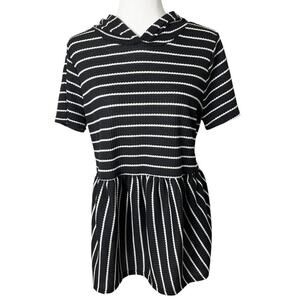 Lane Bryant Womens Knit Top 10/12 Black White Striped Hoodie Peplum Short Sleeve